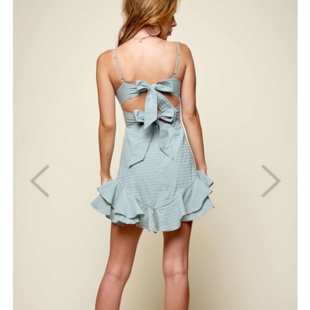 Ruffle Mini Dress with tie back bows in mint/sage